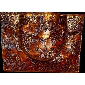 Patricia Nash Brown Zancona Metallic Floral Embossed Leather Tote